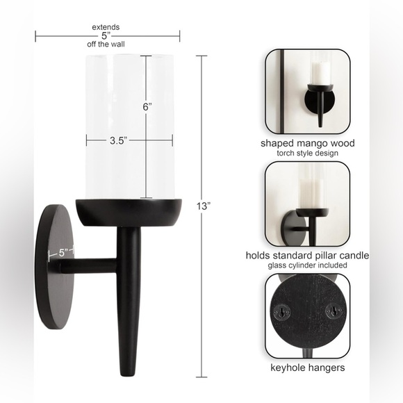 Kate and Laurel Shae Wooden Wall Sconce, 5 × 5 x 13, Black Candle Holder, New - Picture 2 of 10